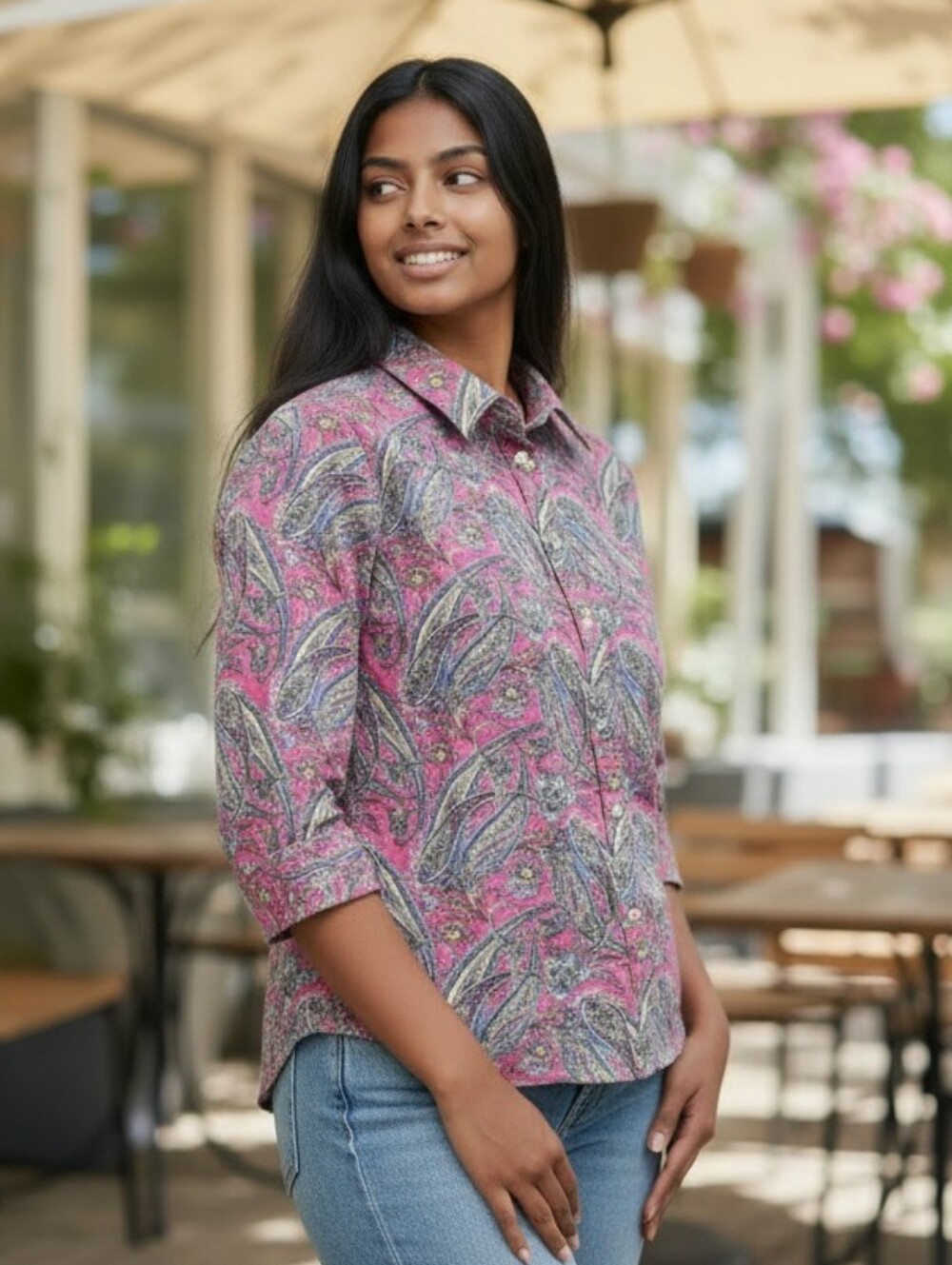 Chaps Womens Pink Paisley Print Button Down Shirt No Iron Long Sleeve Size M‎